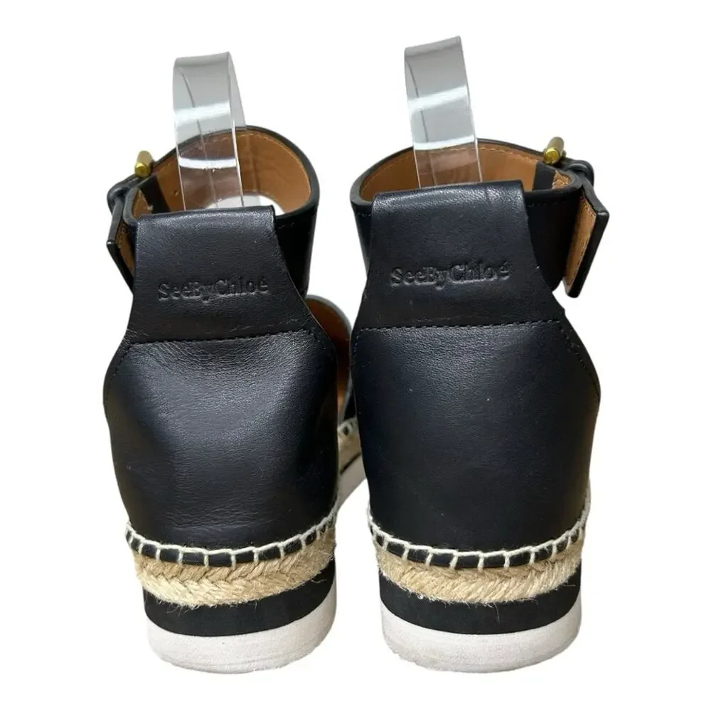 See by Chloe Glyn Espadrille Sandal Black Ankle Strap Size 37